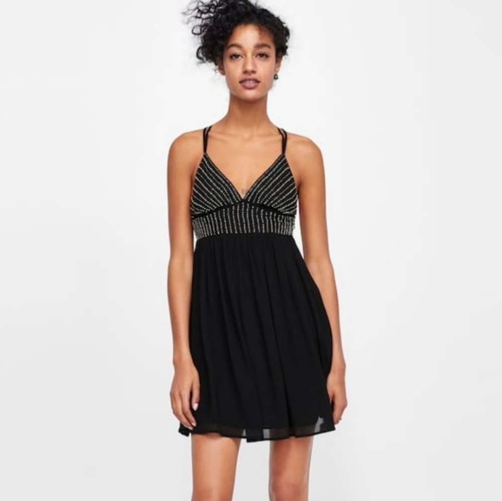 NWT Zara Little Black Dress Beaded Bodice Mini A-line Cocktail